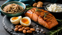 Eine Auswahl hochwertiger Proteinquellen wie Lachs, Ei und Linsen zur Veranschaulichung eines vollständigen Aminosäurenprofils.