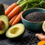 Eine Auswahl an Lebensmitteln wie Avocado, Linsen und Zitrone, die die richtige Kombination zur Steigerung der Nährstoffaufnahme illustrieren.