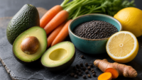 Eine Auswahl an Lebensmitteln wie Avocado, Linsen und Zitrone, die die richtige Kombination zur Steigerung der Nährstoffaufnahme illustrieren.