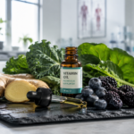 Frische Inhaltsstoffe und medizinisches Vitamin-Öl zur Veranschaulichung einer starken Immunabwehr.