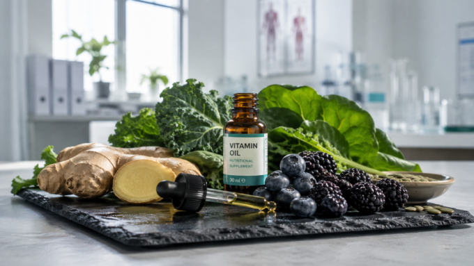 Frische Inhaltsstoffe und medizinisches Vitamin-Öl zur Veranschaulichung einer starken Immunabwehr.