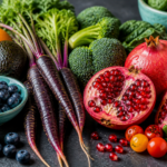 Eine bunte Vielfalt an farbenfrohem Gemüse und Obst als Quelle für sekundäre Pflanzenstoffe wie Polyphenole und Anthocyane.