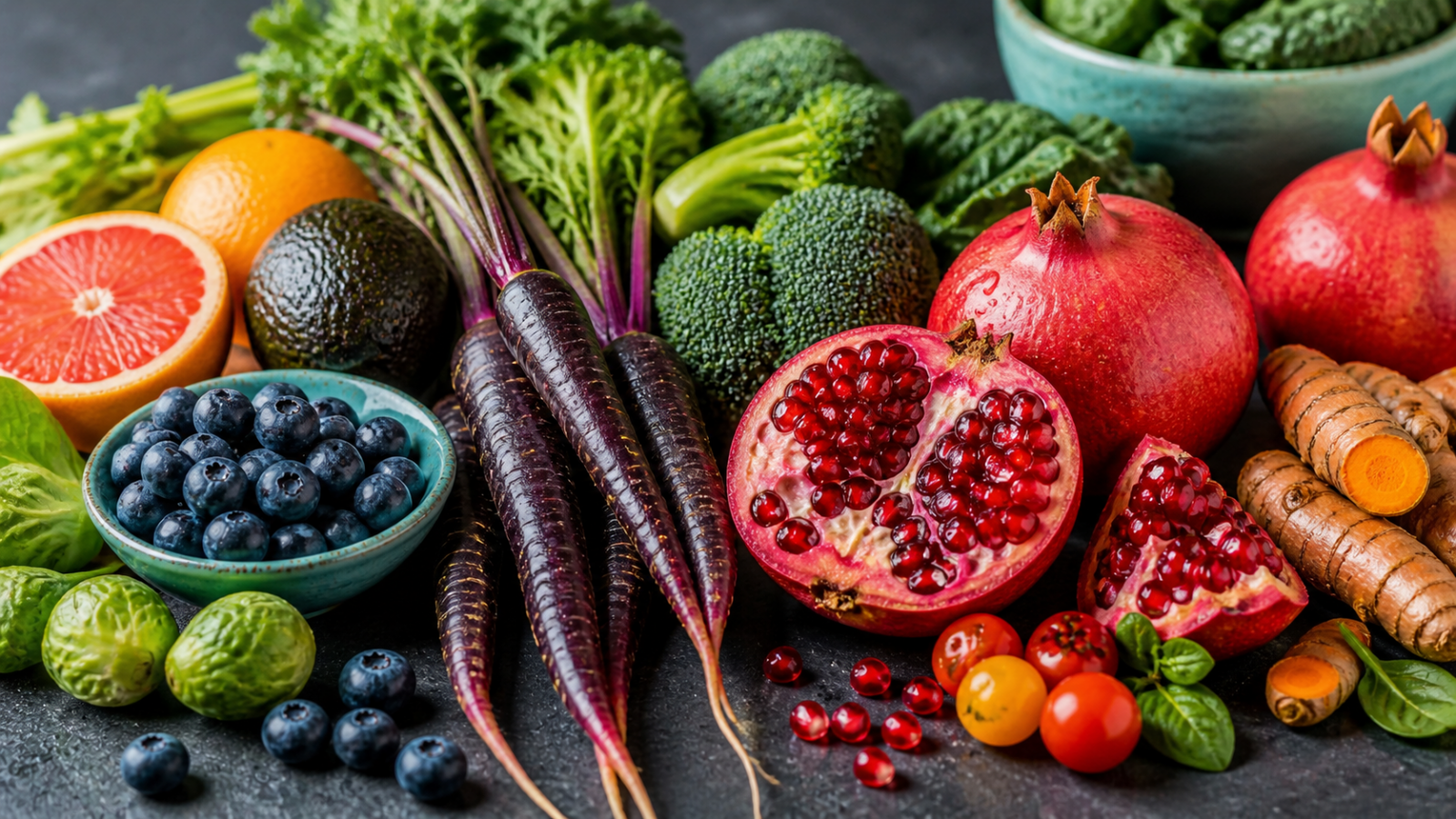 Eine bunte Vielfalt an farbenfrohem Gemüse und Obst als Quelle für sekundäre Pflanzenstoffe wie Polyphenole und Anthocyane.