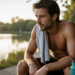 Authentische Aufnahme eines Sportlers während der Regeneration in natürlicher Umgebung.
