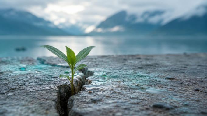 Ein kleiner Keimling, der durch eine Asphaltschicht bricht, als Symbol für Resilienz und psychische Widerstandskraft.