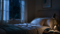 Ein ruhiges, ästhetisch eingerichtetes Schlafzimmer bei Mondlicht als Symbol für erholsamen Schlaf.