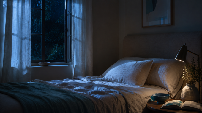 Ein ruhiges, ästhetisch eingerichtetes Schlafzimmer bei Mondlicht als Symbol für erholsamen Schlaf.